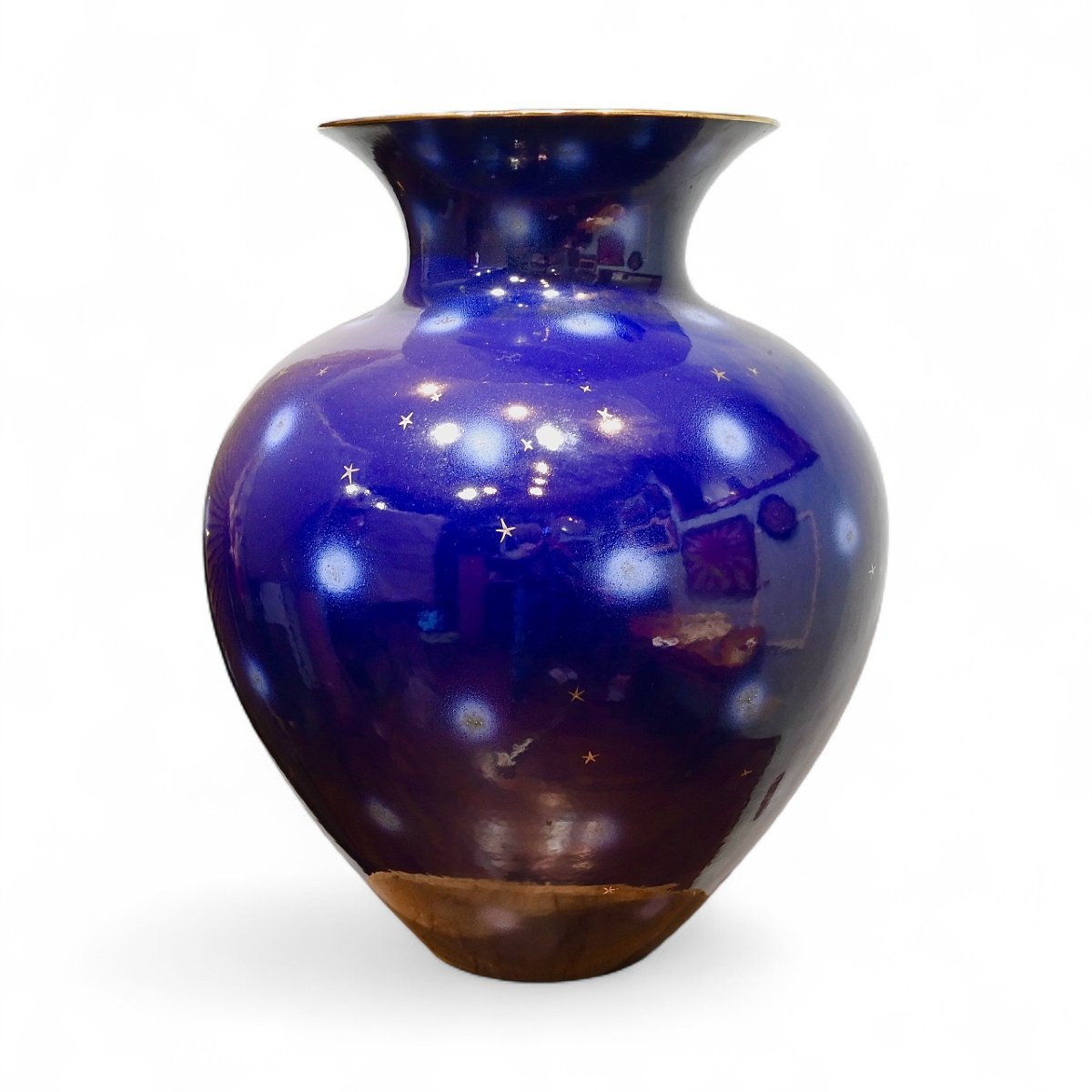 R. SCUOLA D’ARTE GROTTAGLIE - Grande Vaso In Ceramica Blu e Dettagli Dorati - Italia Anni 30-photo-2